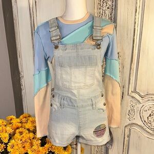 Curated Two Piece Y2K Bundle Striped Denim Overalls with Colorblock Top